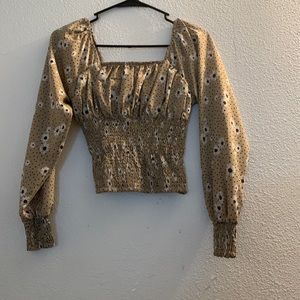 Brown flowered squared neck long sleeve crop top size S